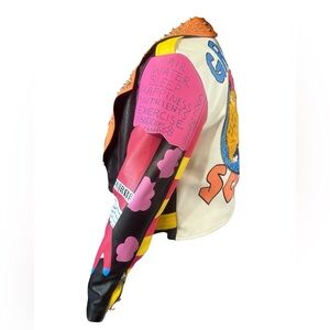 Bold statement Azalea Wang “Graffiti Kisses” Vegan Leather Moto Jacket Large